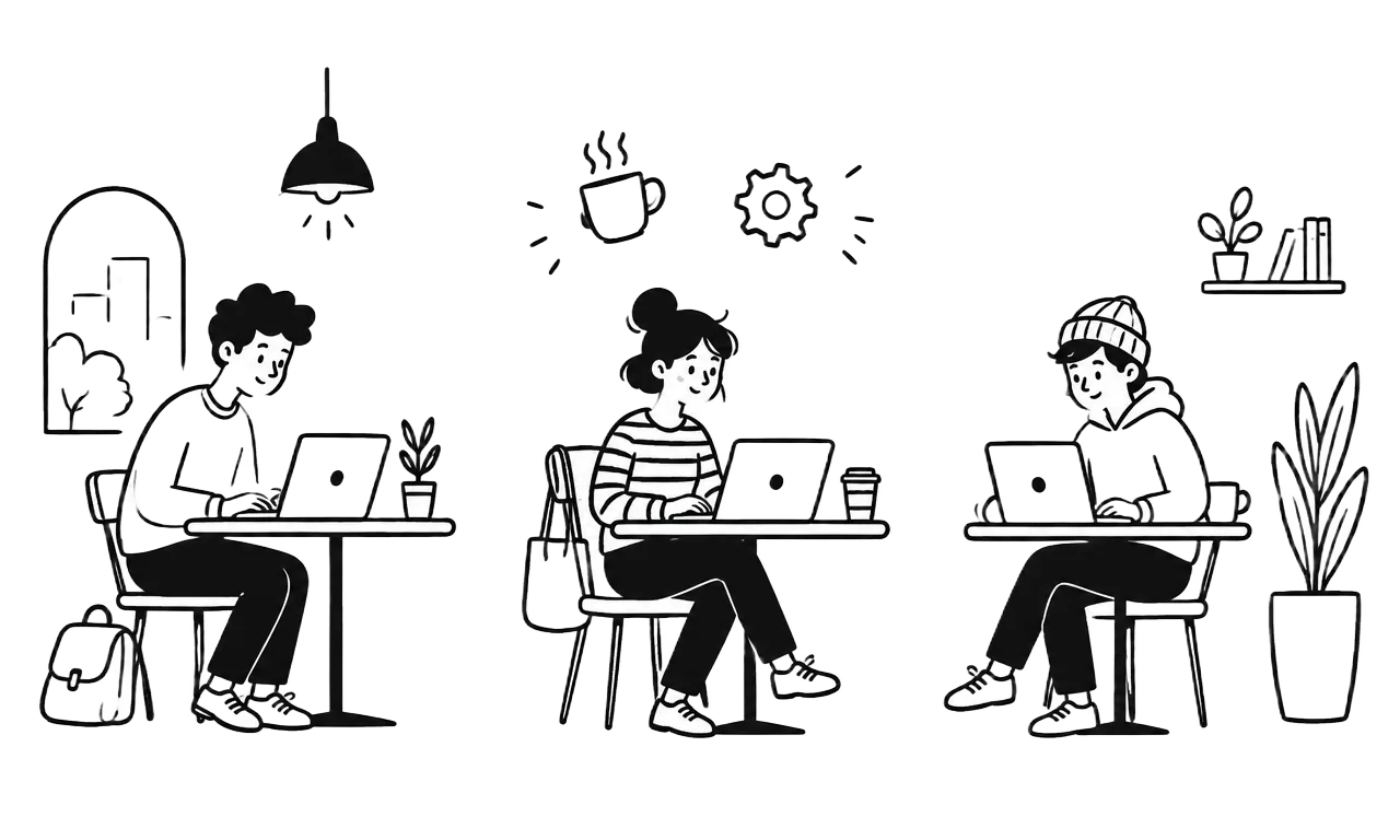 Minh họa ba người trẻ làm việc với laptop trong quán cà phê